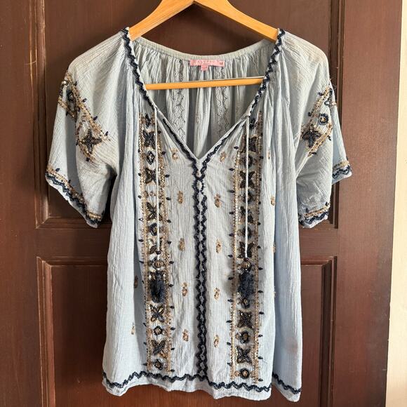 CALYPSO ST. BARTH | Blue Gauze Beaded Boho Peasant Top Short Sleeve  Medium - Picture 2 of 9